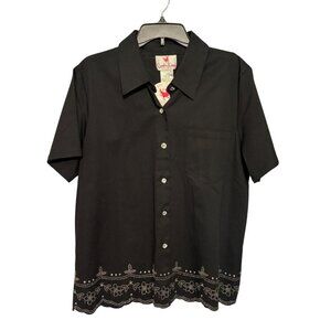 Quacker Factory Black Short Sleeve Button-Up Shirt Rhinestone Accents Size L NWT